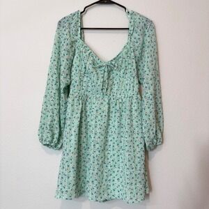 Kingston Grey Mini Dress Women Small Sage Green Floral Long Sleeve Good Boho